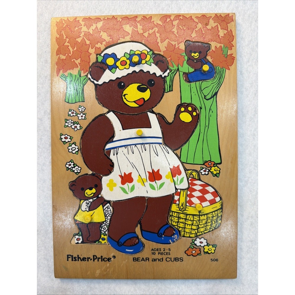 Fisher-Price Bear and Cubs Wooden Peg Puzzle 506 Vintage 10 Piece Toddler Toy